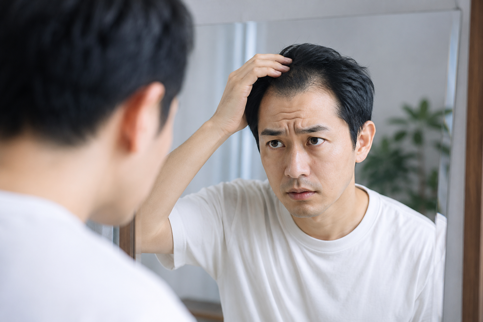 鏡の前で額の生え際を気にする男性